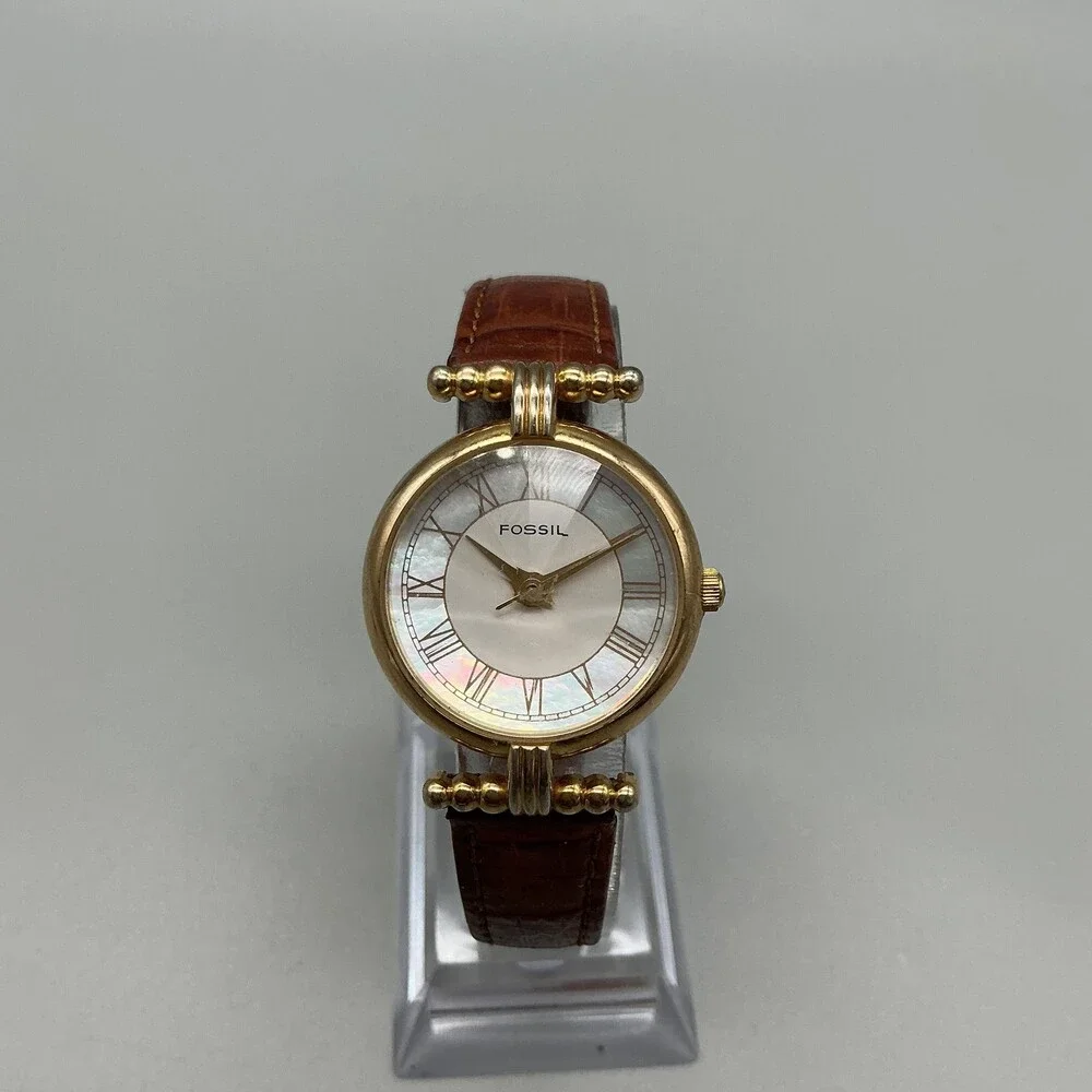 Vintage Fossil PC-9211 Womens Watch 27mm MOP Rivoli Brown Leather New Battery